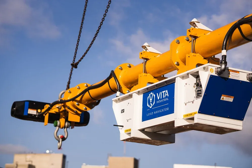 Construction crane platform with blue and white sign reading VITA INDUSTRIAL LOAD NAVIGATOR, set against a blue sky with some clouds.