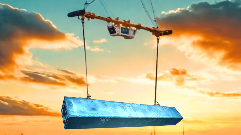 A vln &  crane lifting a large concrete beam during sunset with a partly cloudy sky.
